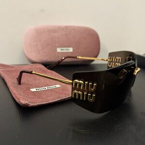 Miu Miu Oversized Brown Shield Sunglasses Gold Detail